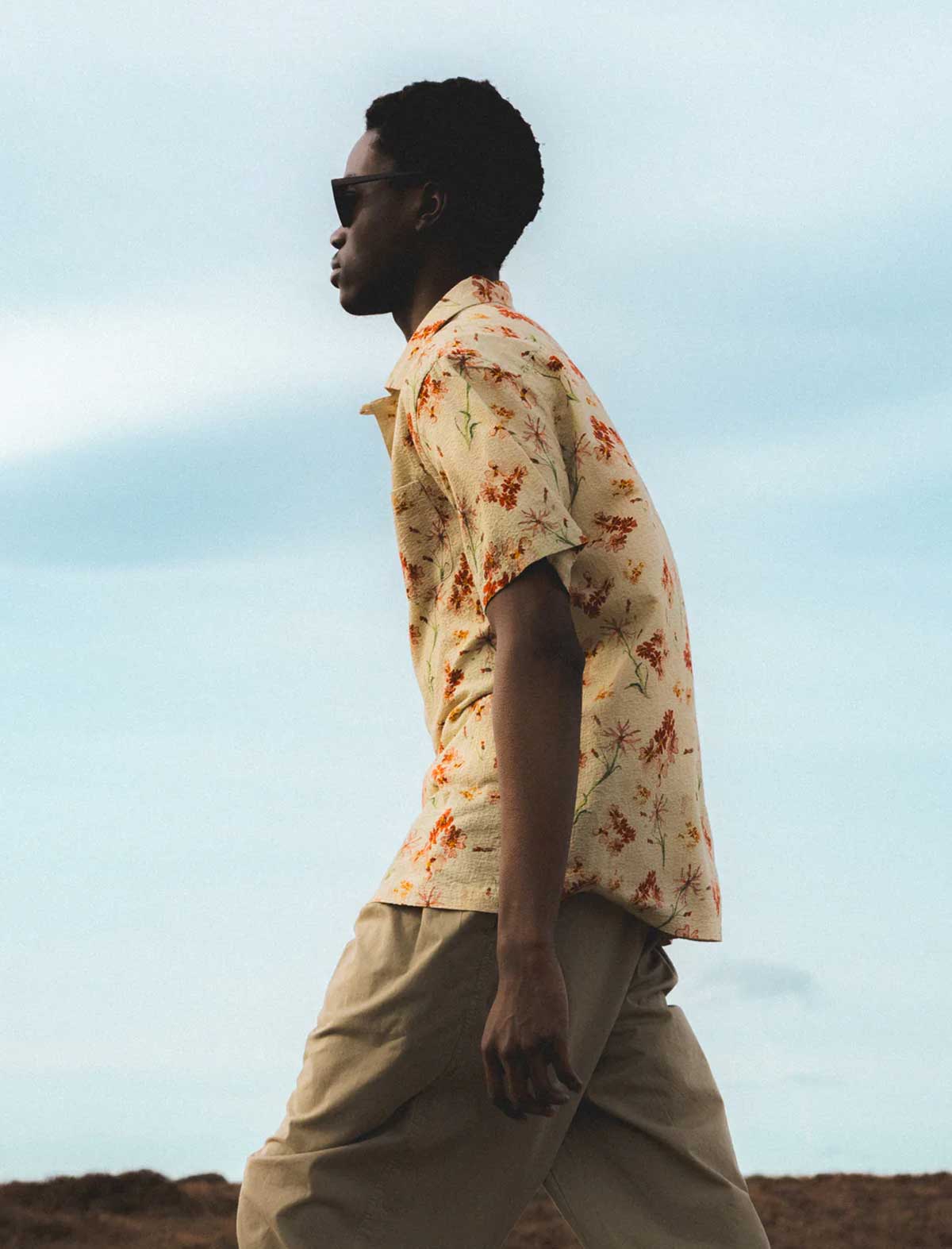 Kestin Crammond Shirt Ecru Floral Print On Model Side