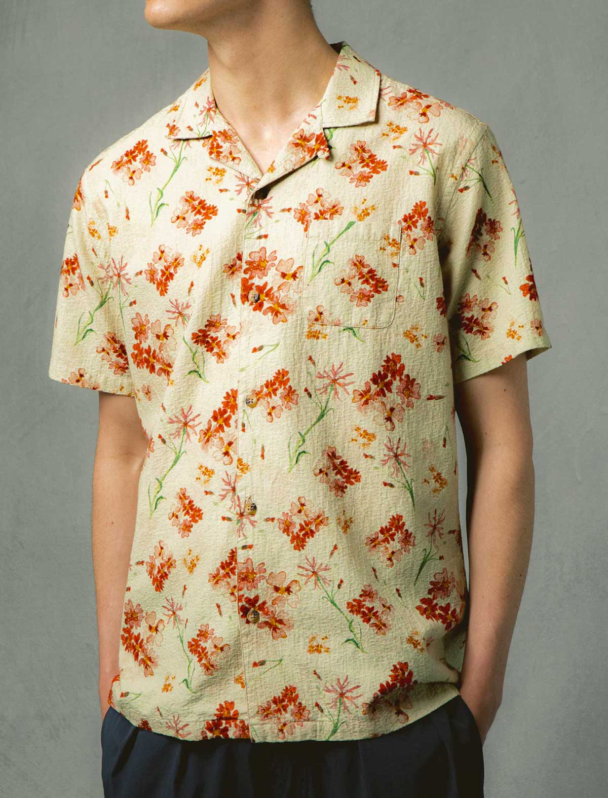 Kestin Crammond Shirt Ecru Floral Print Front On Model