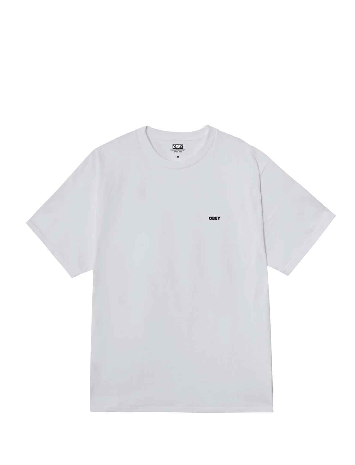 obey decaying minds White t-shirt with a small black logo on a white background