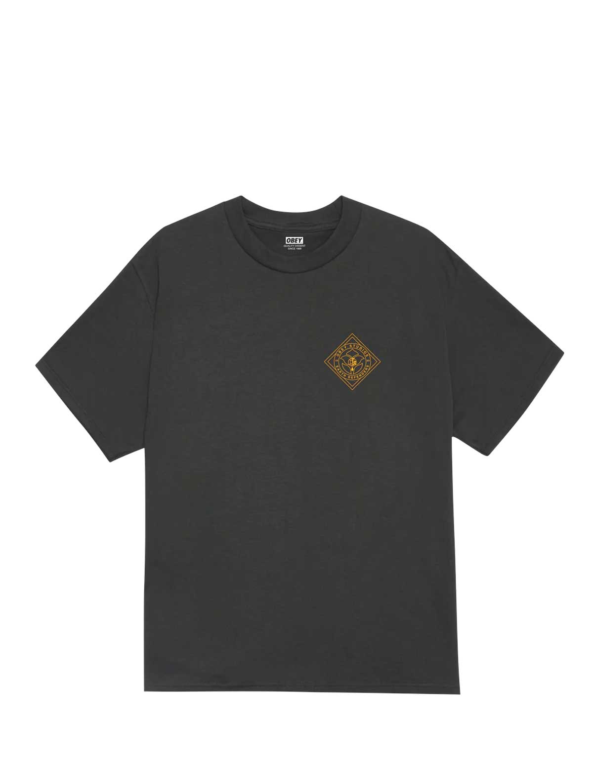 Obey Earth Defenders Black t-shirt with a small logo on the chest against a white background