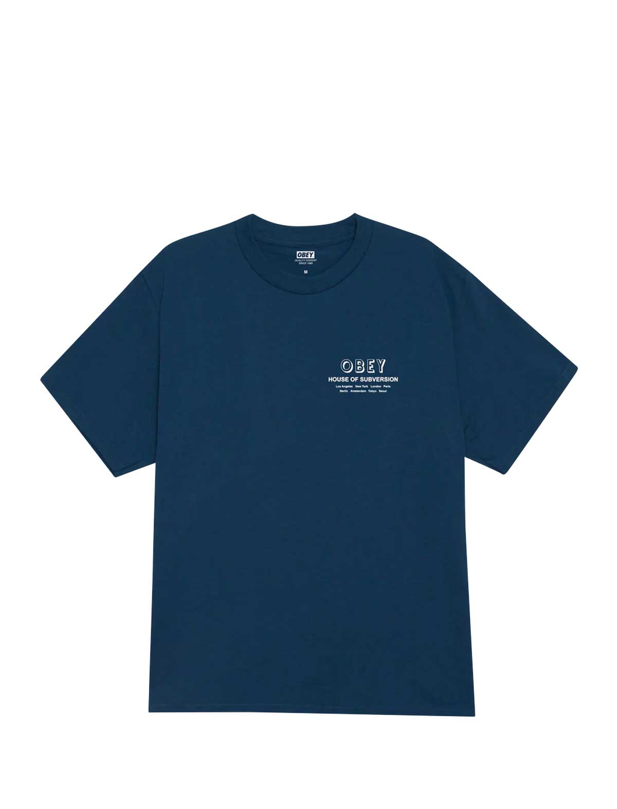 obey house of subversion Navy blue t-shirt with white text on a white background