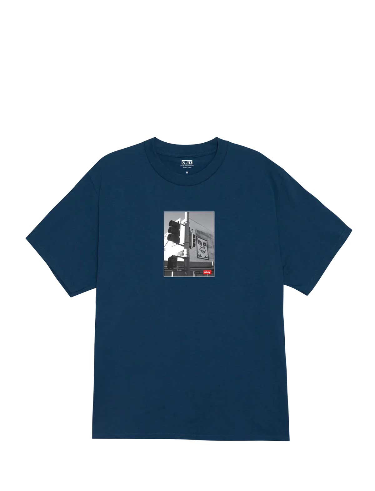Obey Los Angeles Photo Navy blue t-shirt with a small graphic on the chest against a white background