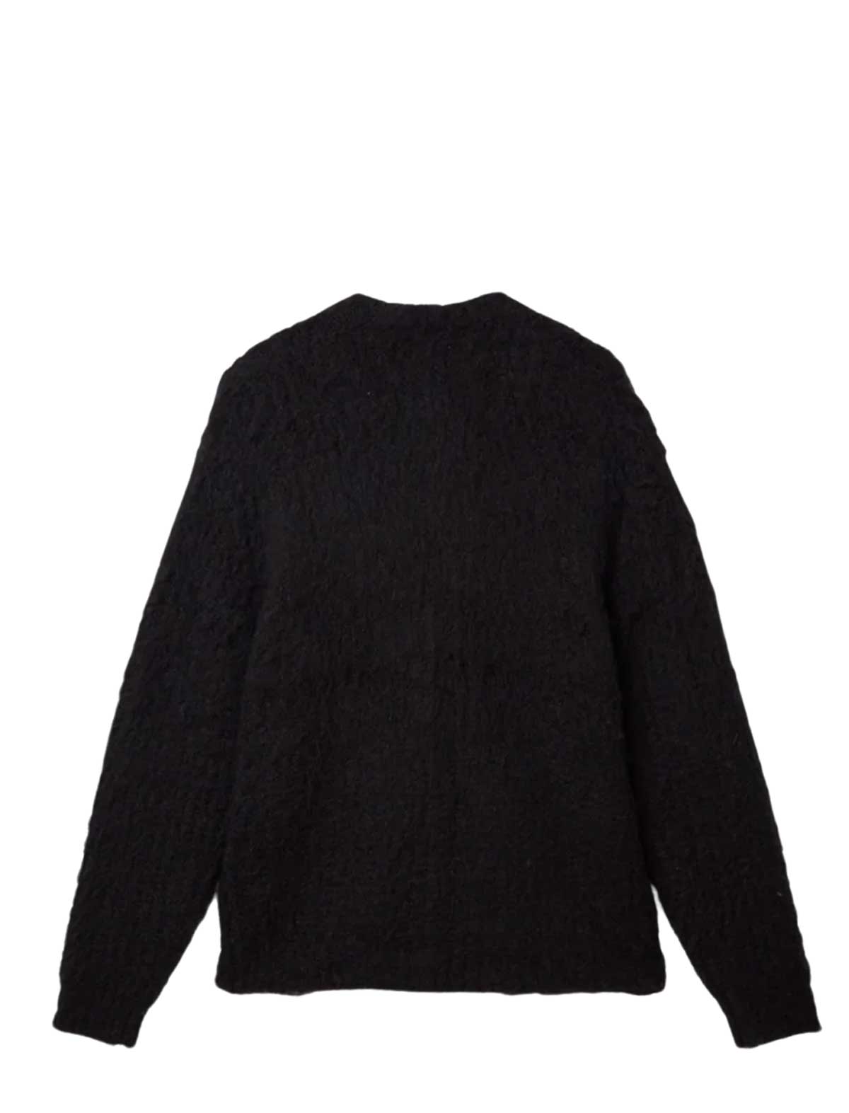 A black textured knit sweater shown from the back, featuring a crew neck and long sleeves, photographed against a plain white background.