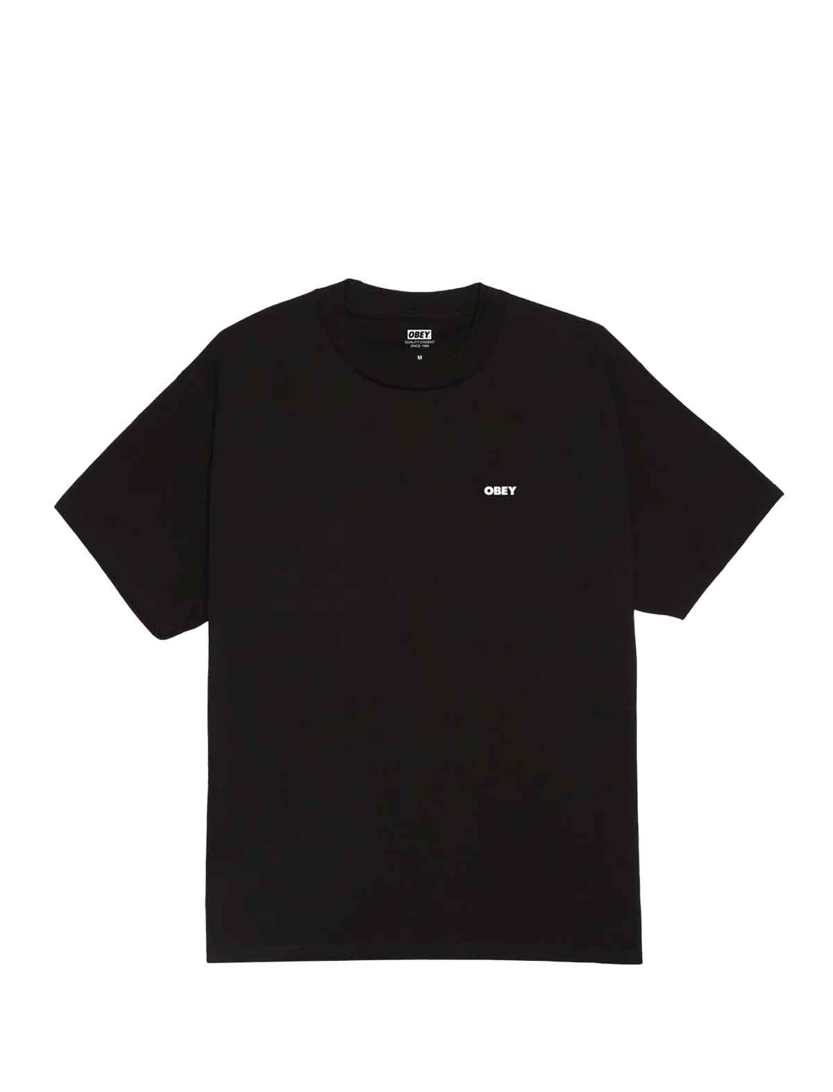 Black t-shirt with a small white logo on a white background