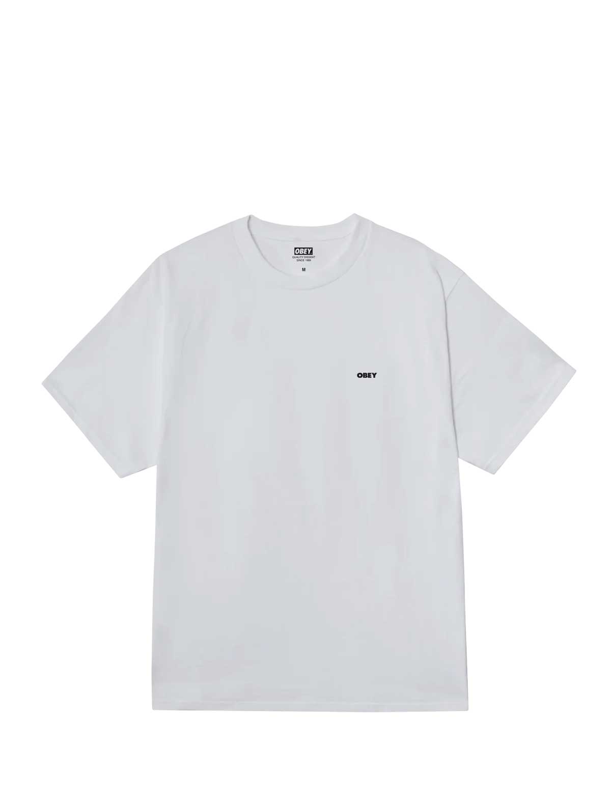 obeyWhite t-shirt with a small logo on a white background