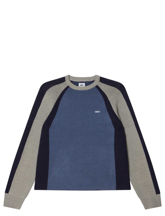 Long-sleeve shirt with blue and gray color block design on a white background