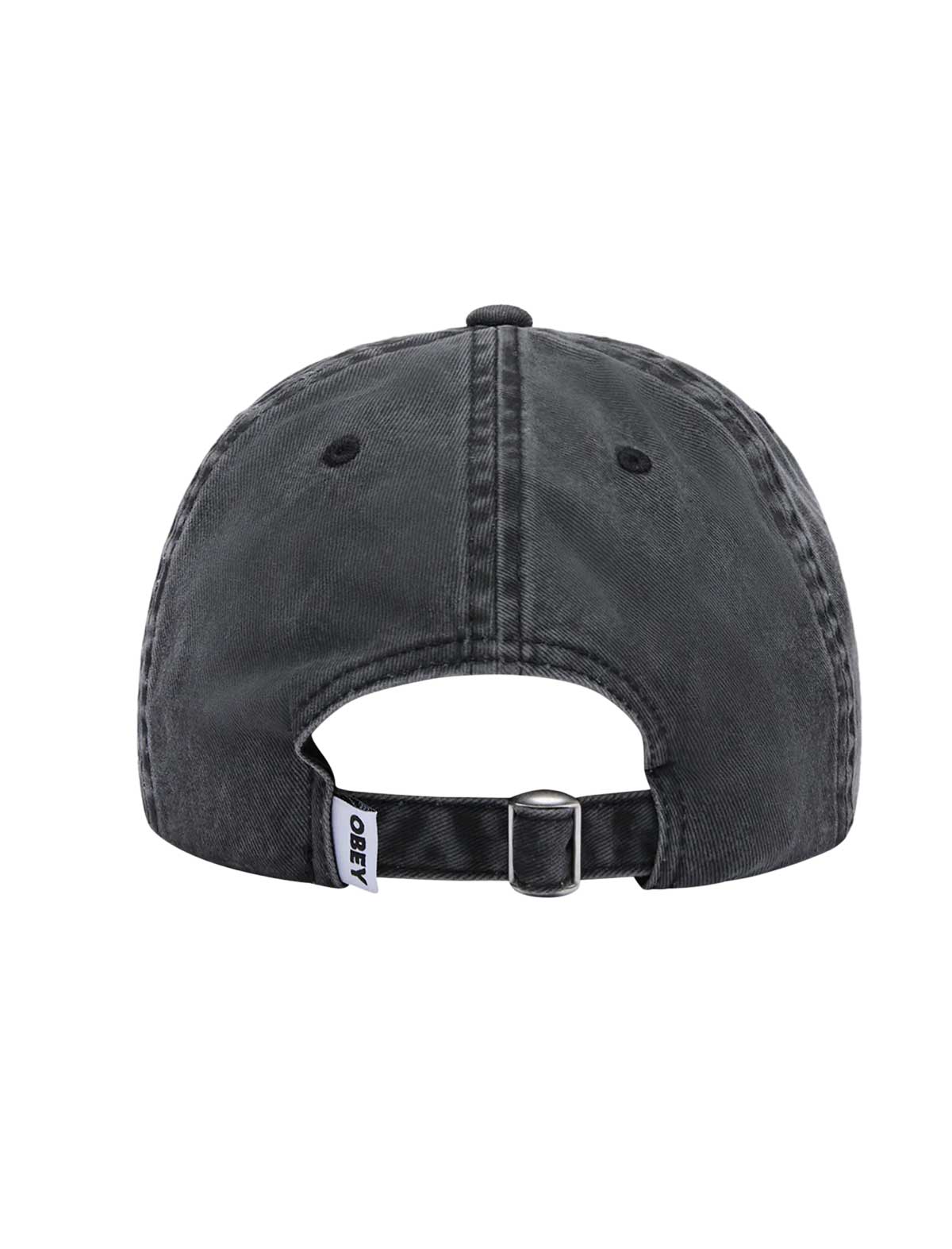 The back view of a washed black baseball cap with an adjustable strap and a small white brand tag reading 'OBEY'.