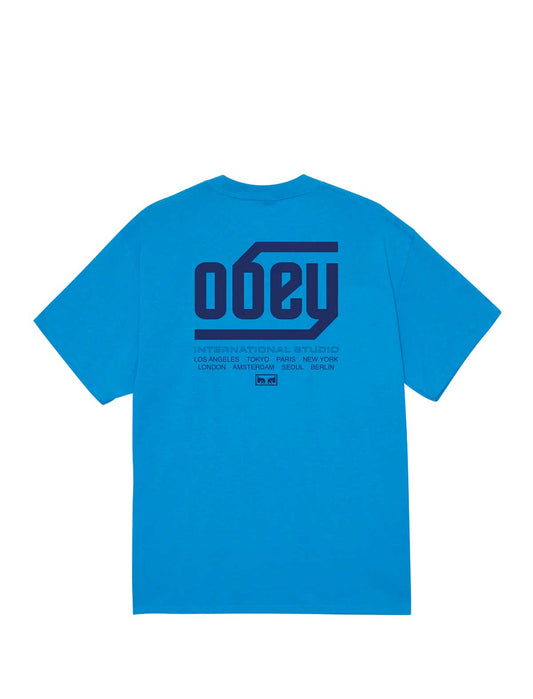 Blue t-shirt with 'OBEY' logo on the back against a white background