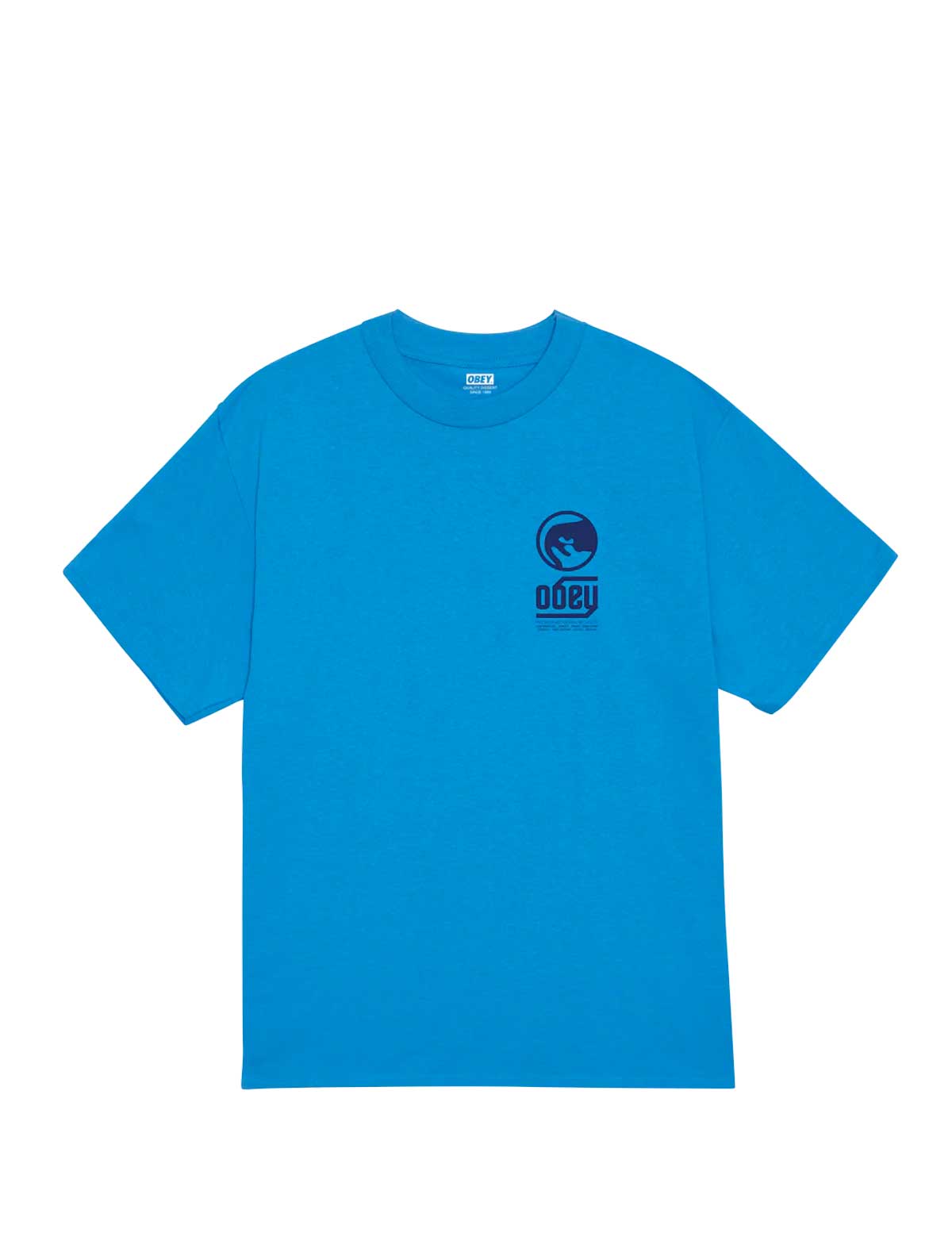Blue t-shirt with a logo on the chest against a white background