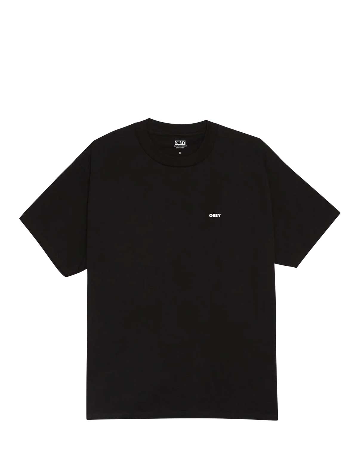Obey Black t-shirt with a small white logo on a white background