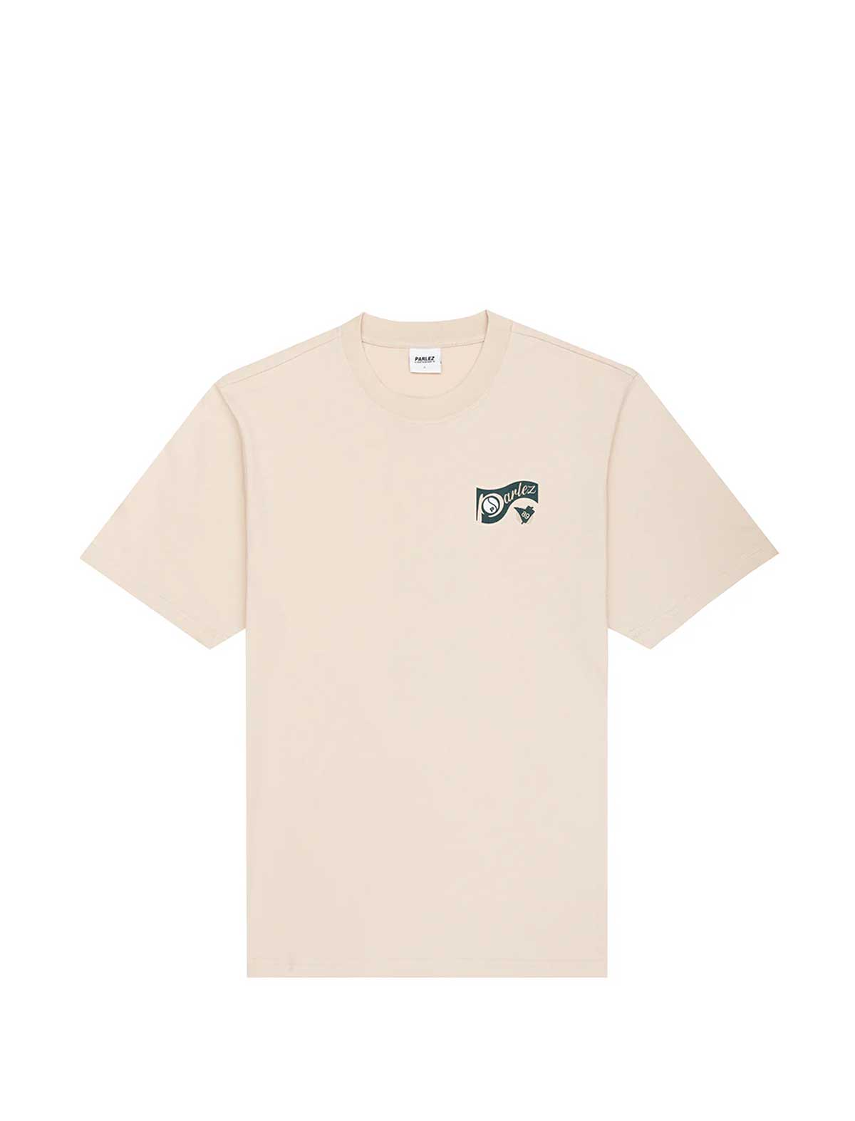 Beige t-shirt with a small logo on a white background
