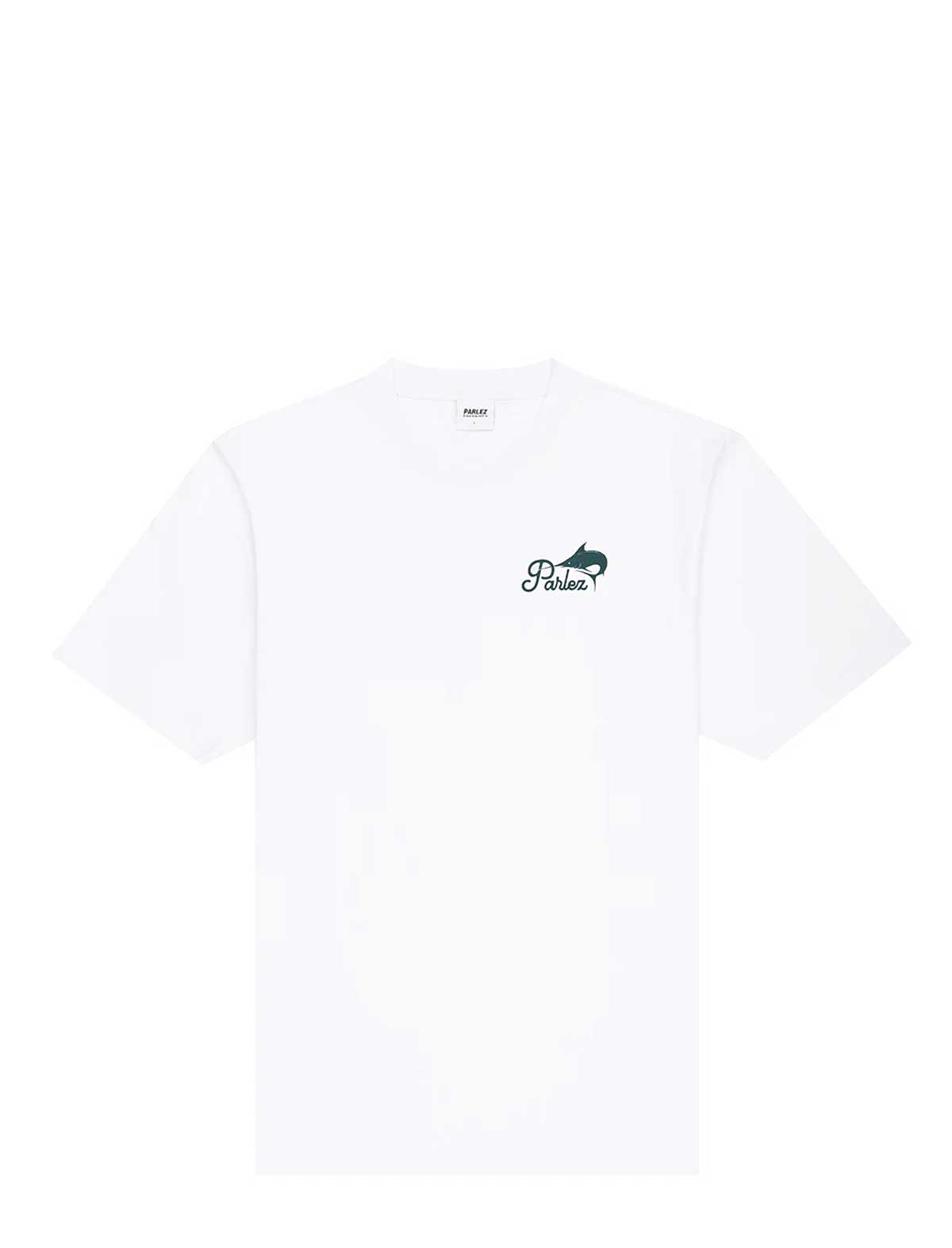 Parlez Release White t-shirt with a small logo on a white background