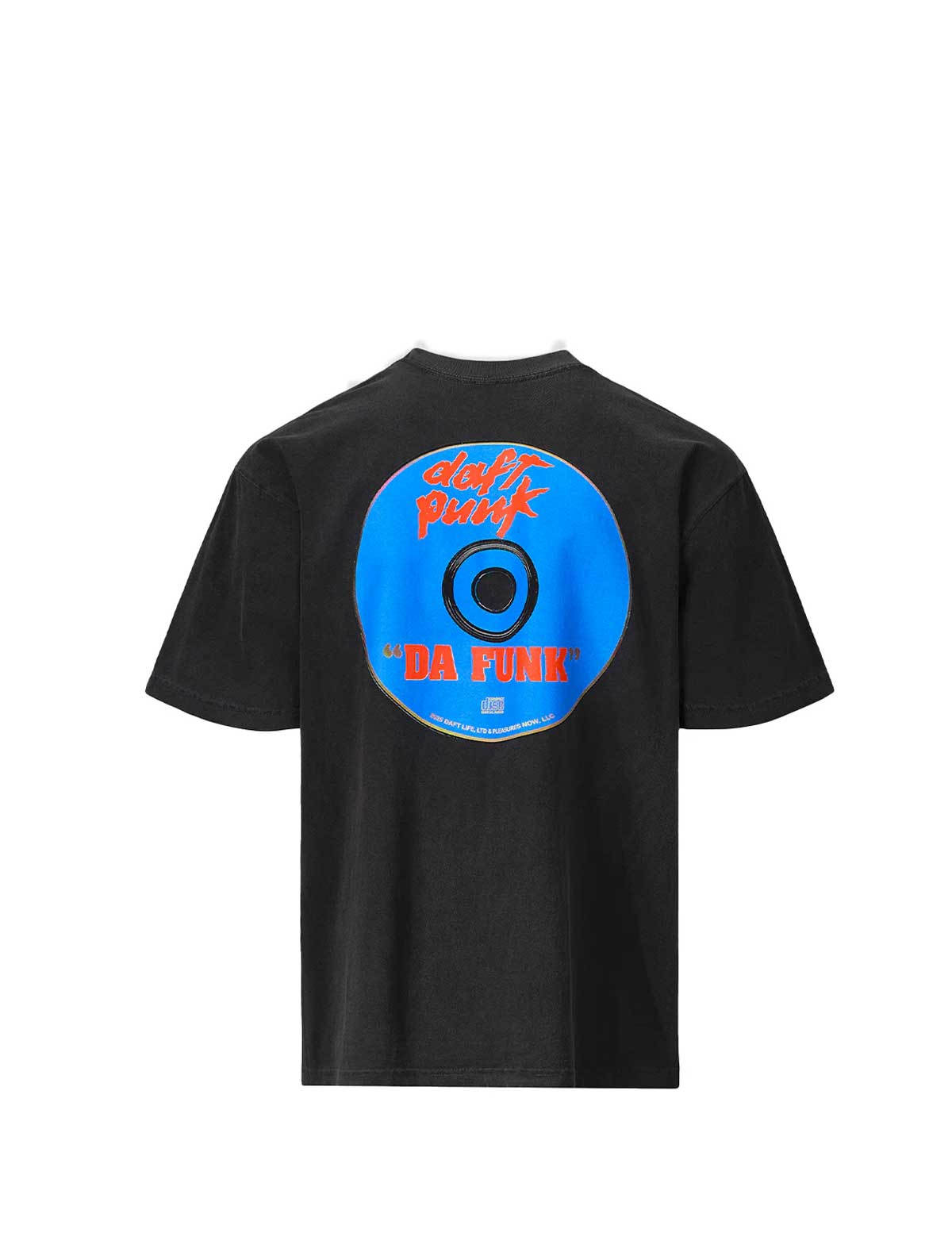 Pleasures x Daft Punk Da Funk Black t-shirt with a blue and red 'Daft Punk' logo on a white background
