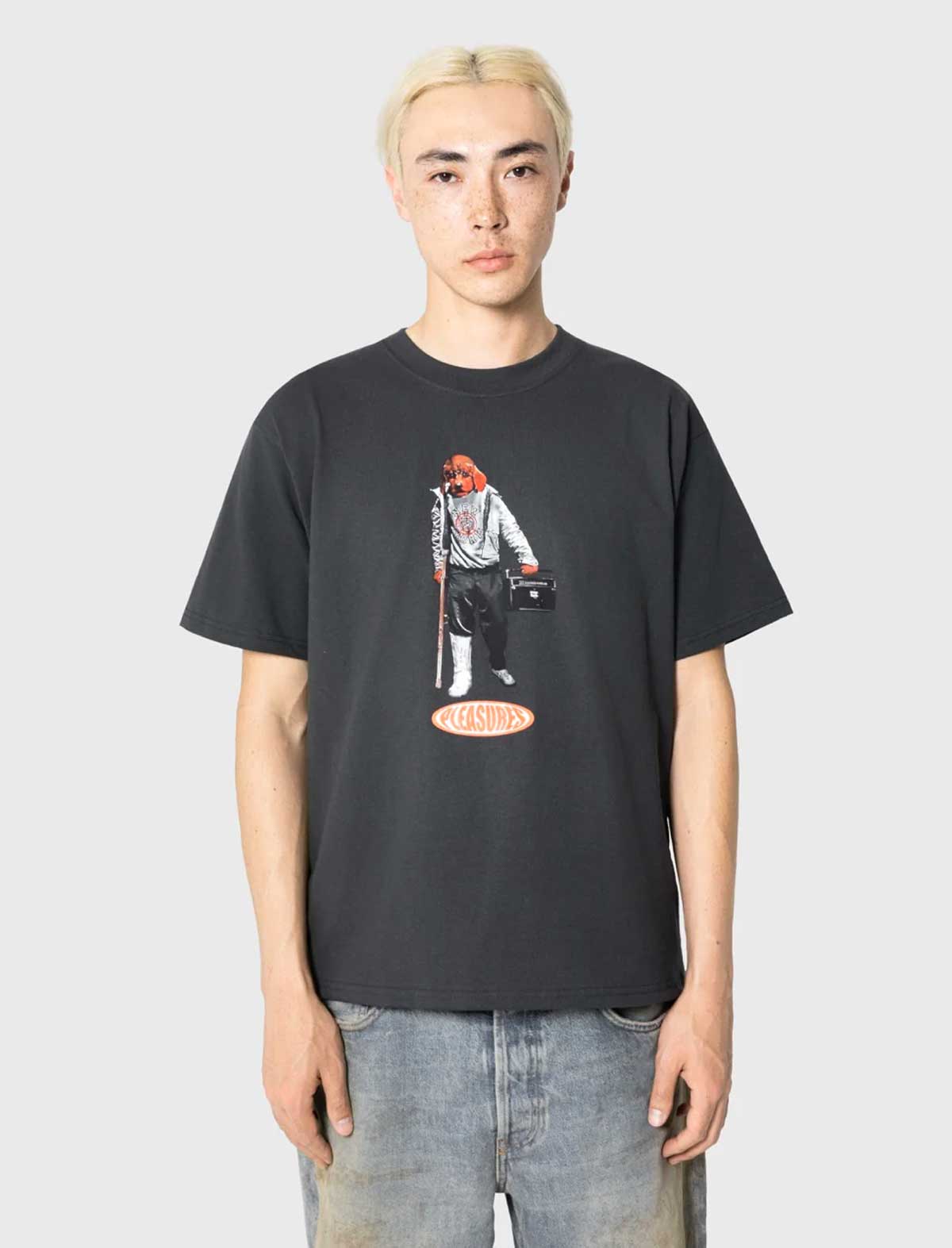 Pleasures x Daft Punk Da Funk black t-shirt with a graphic design on a plain background on model