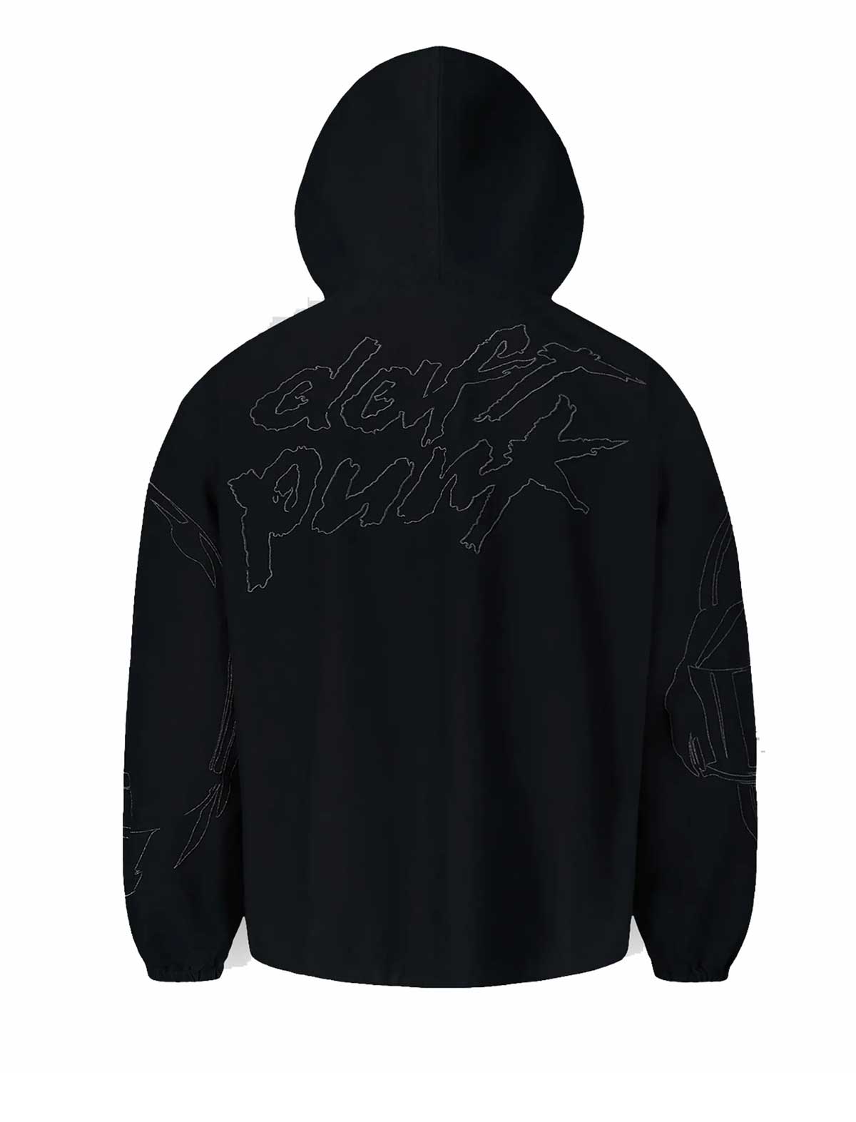 Black hoodie with 'DEAF PUNK' text on the back against a white background