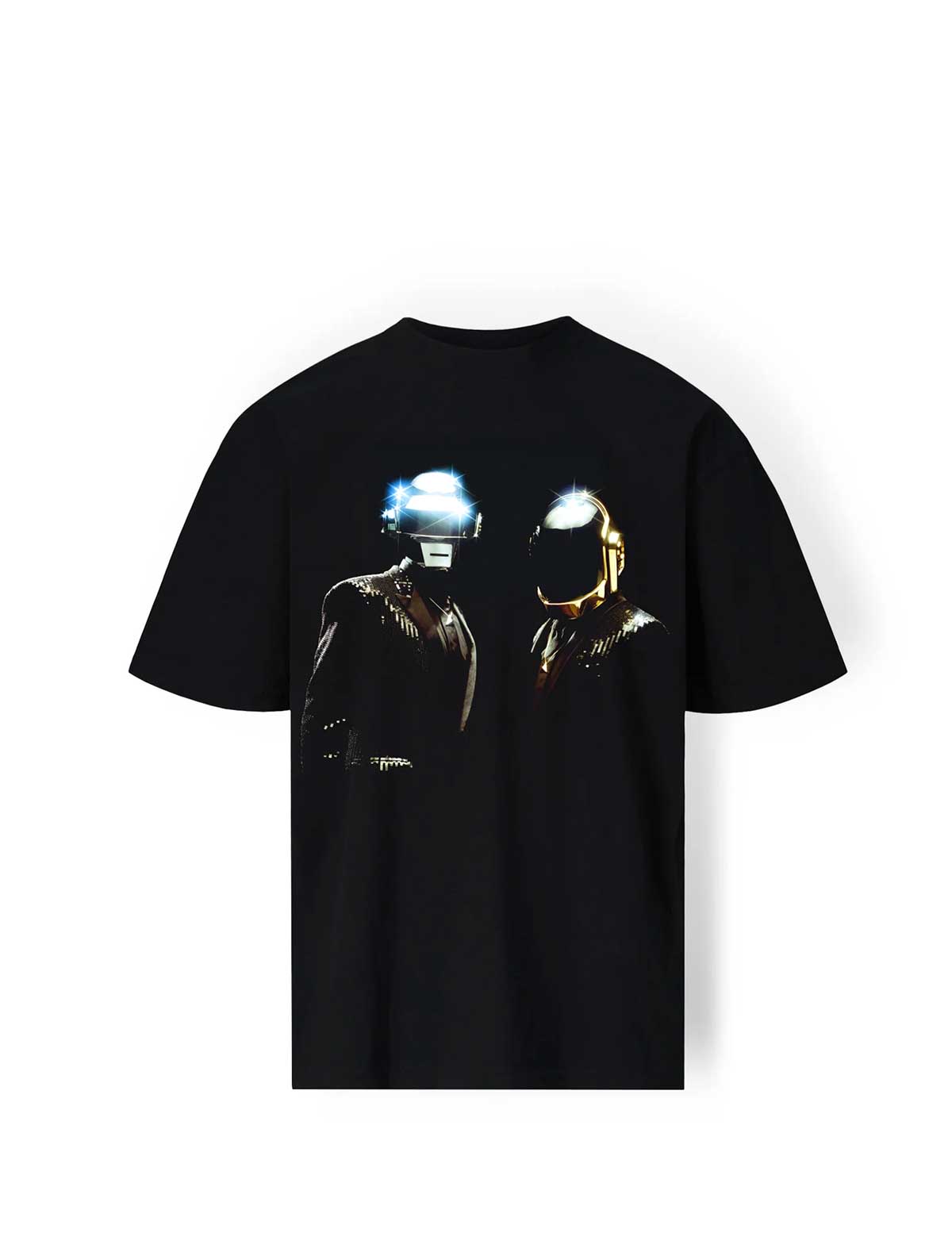 Pleasures x Daft Punk Duo Black t-shirt with a graphic of two figures wearing helmets on a white background