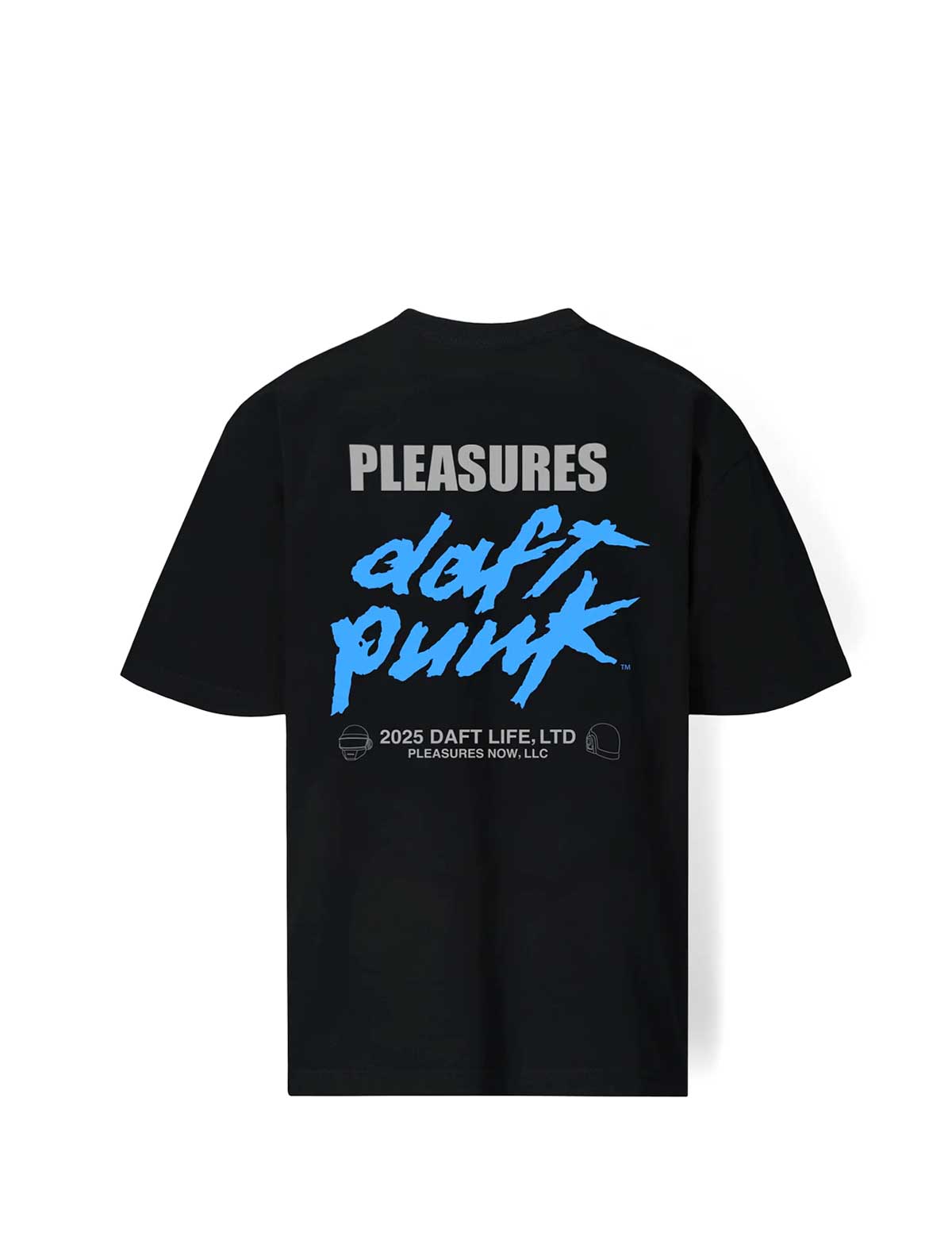 Pleasures x Daft Punk Black t-shirt with blue and white text on the back, featuring the brand 'Pleasures' and 'Daft Punk'.