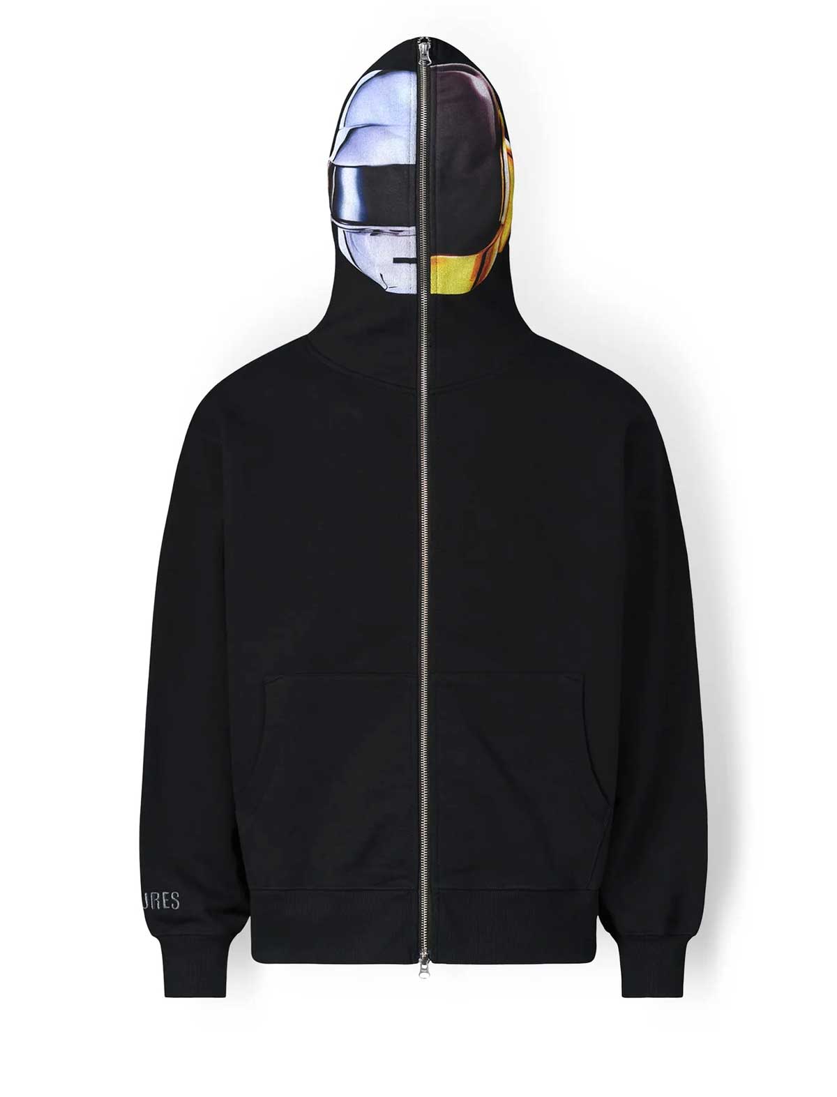 Pleasures x Daft Punk Ram Zip Black hoodie with a zipper on a white background