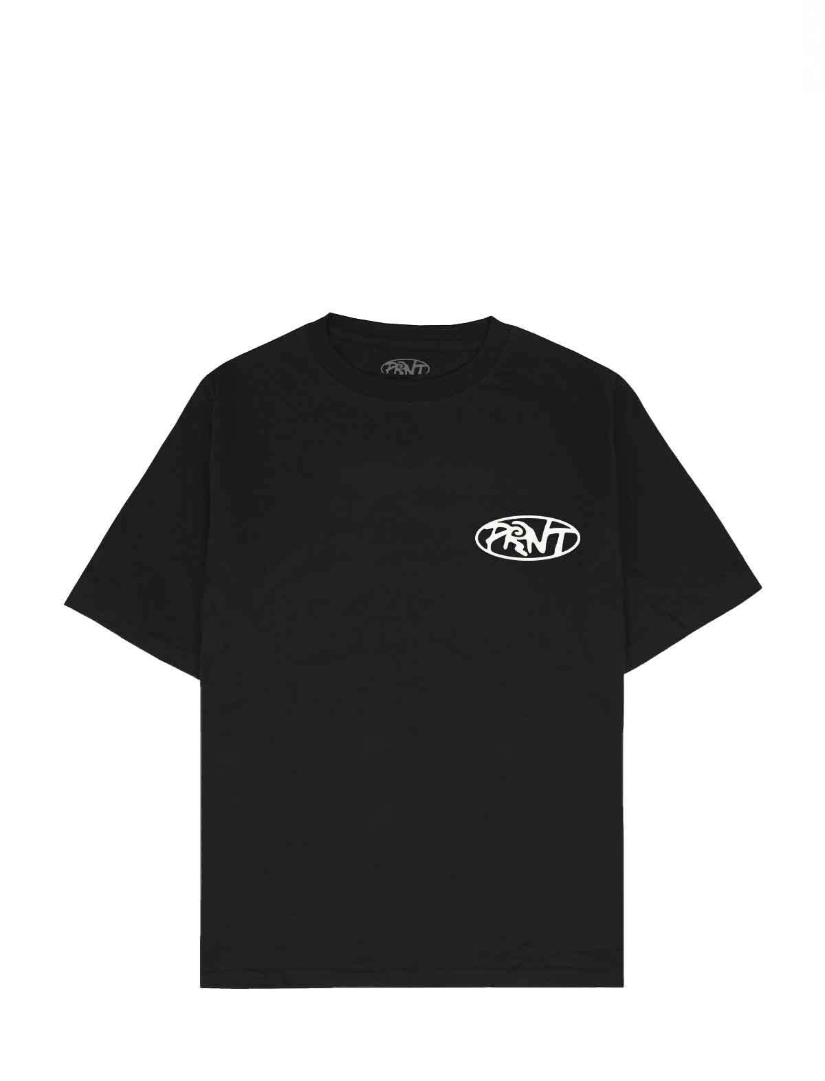 A black short-sleeve crewneck t-shirt with a white oval 'PRNT' logo printed on the left chest, displayed flat against a solid white background.
