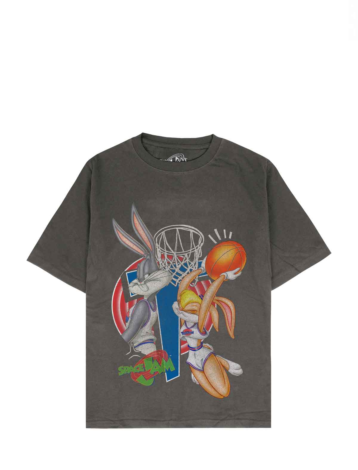 A dark gray graphic t-shirt featuring a cartoon print of Bugs Bunny playing basketball, wearing a blue and red striped jersey and holding an orange basketball. The t-shirt is displayed flat against a solid white background.