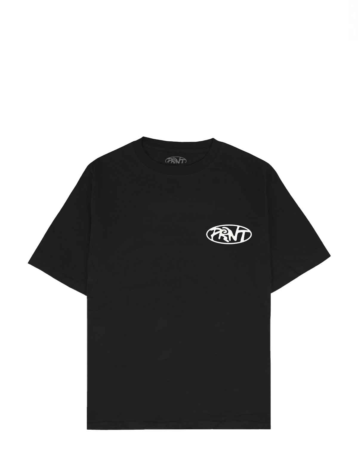A black short-sleeve crewneck t-shirt with a white oval 'PRNT' logo printed on the left chest, displayed flat against a solid white background.