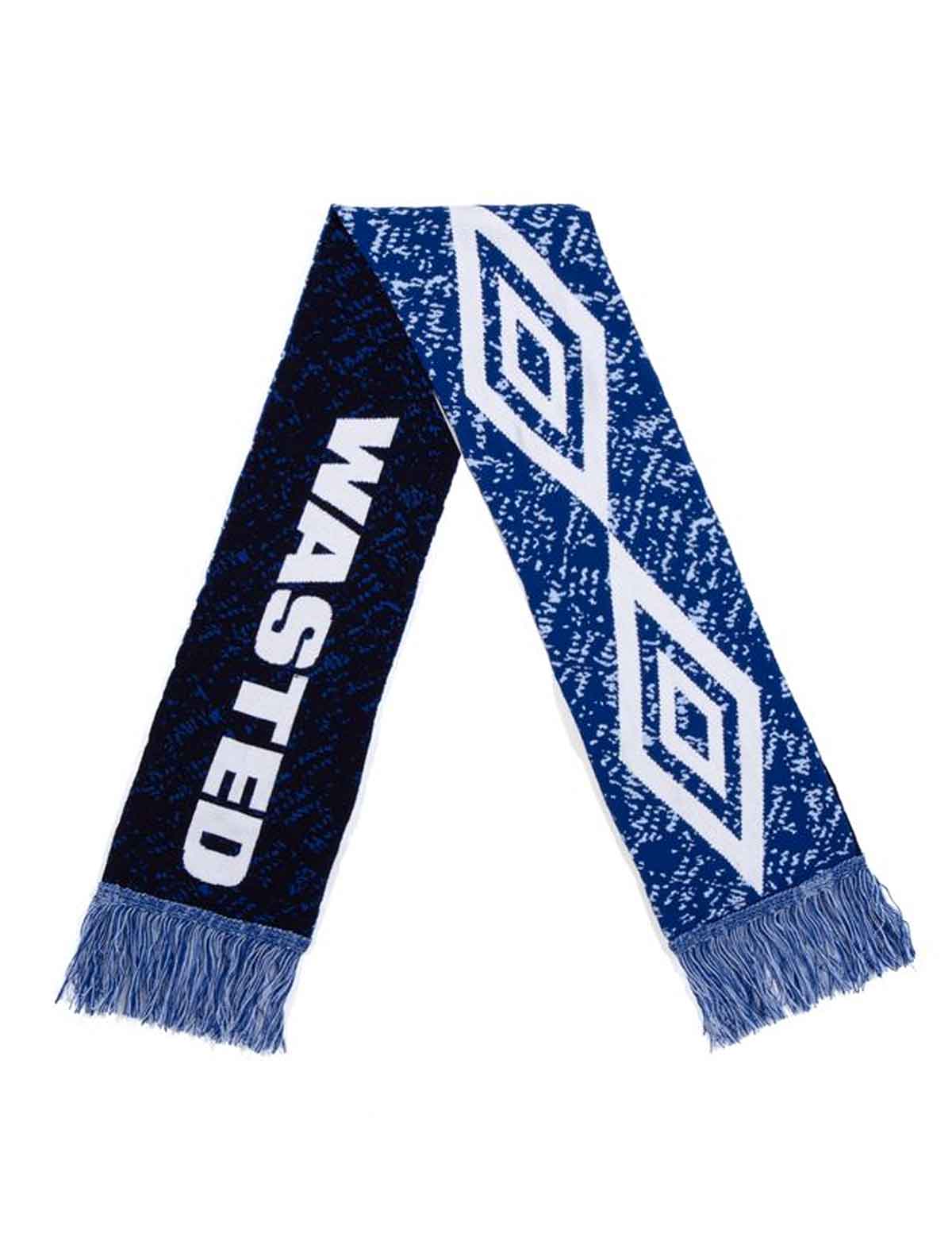 Wasted Paris x Umbro Trompe L'Oel Blue and black scarf with geometric pattern and 'WASTED' text on a white background