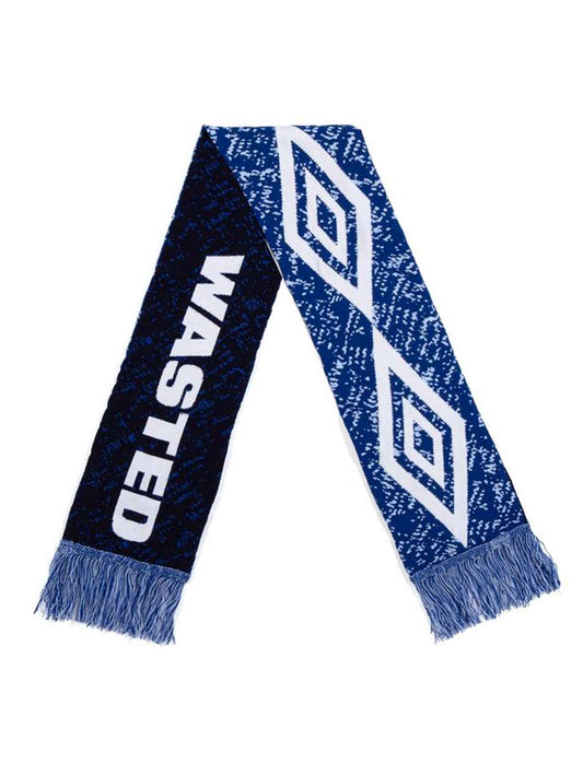 Wasted Paris x Umbro Trompe L'Oel  Blue and black scarf with geometric pattern and 'WASTED' text on a white background