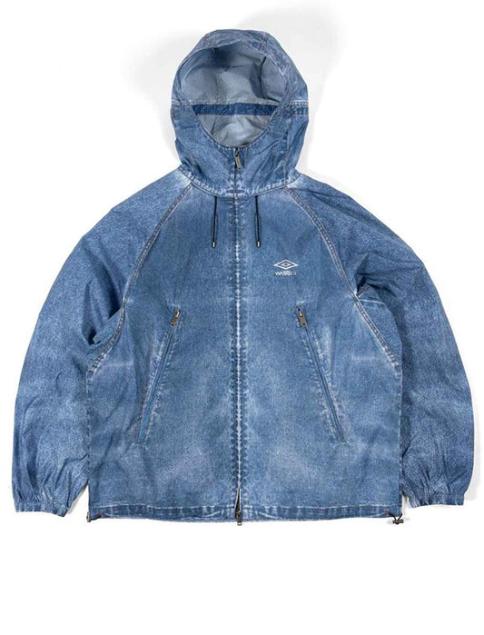wasted paris x umbro windbreaker Blue denim jacket with a hood on a white background