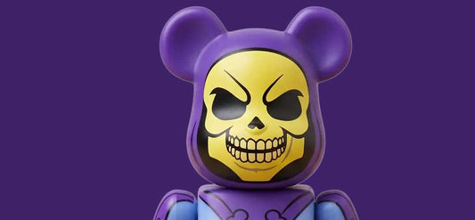 bearbrick from The Master of the Universe 'Skeletor' character from the Bearbrick Series 52 Series on a purple background.