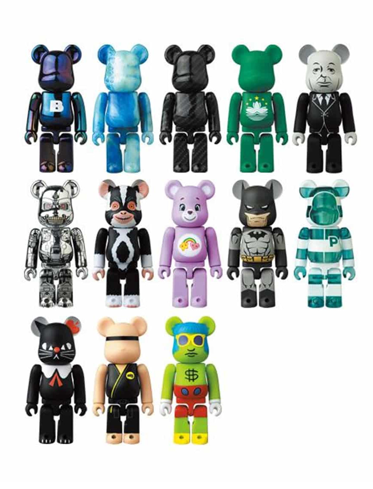 Collection of colorful bear-like action figures in various poses and outfits on a white background