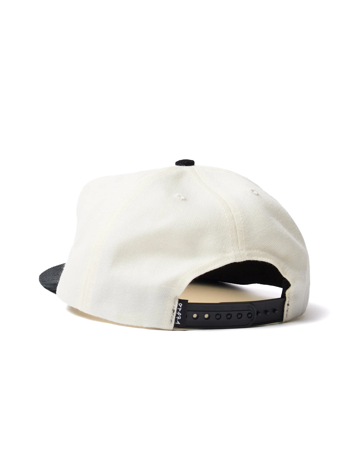 White cap with black brim on a white background