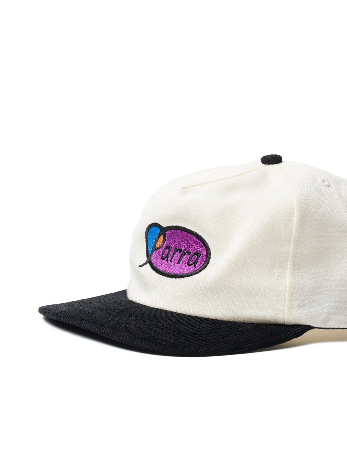 White and black cap with colorful logo on a white background