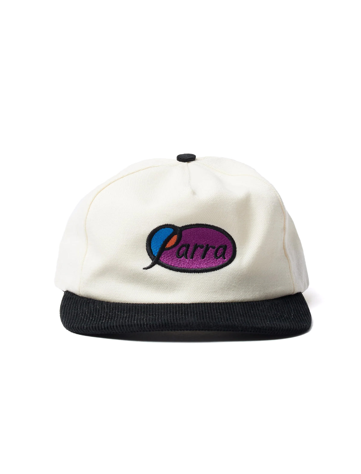 by parra White cap with black brim and colorful logo on a white background