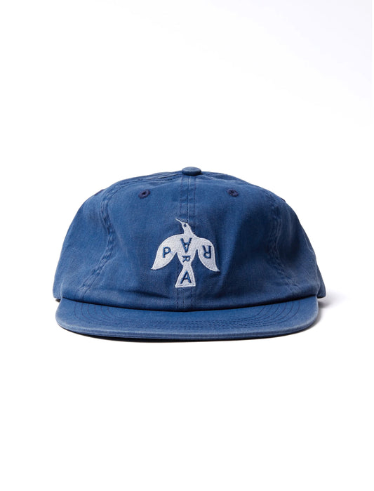 Blue cap with a white logo on a white background