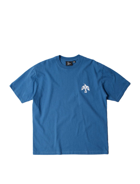 Blue t-shirt with a small white logo on a white background