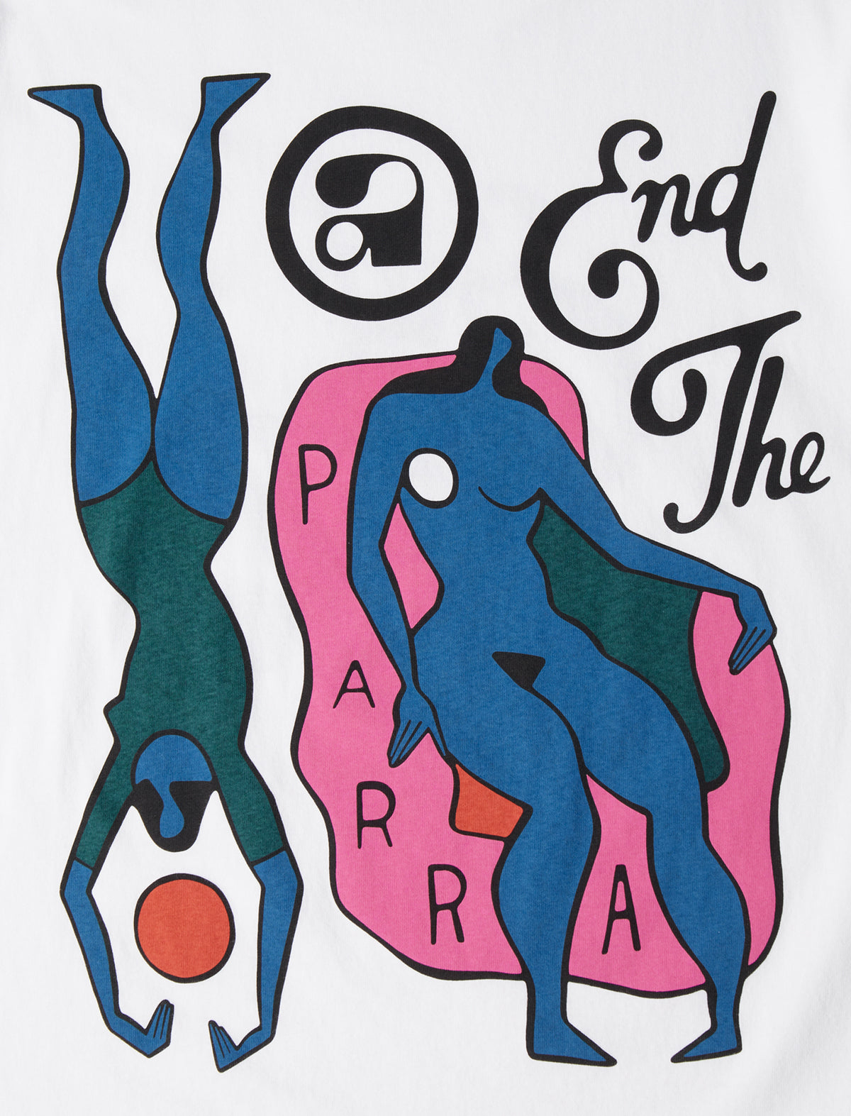 Artistic design with stylized figures and 'End The Parra' text on a white background