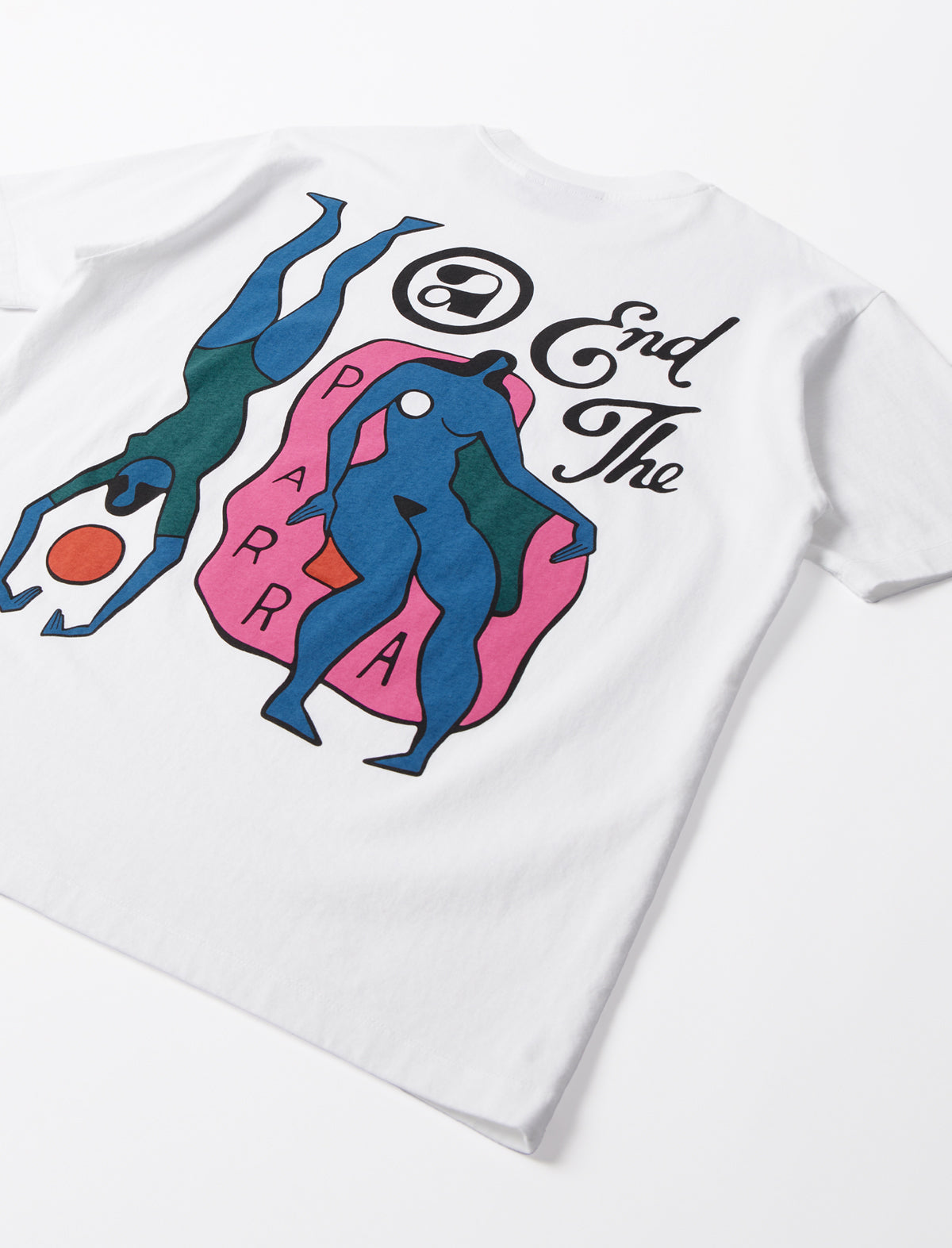 By Parra White T-Shirt with artistic design of two figures and text on a white background