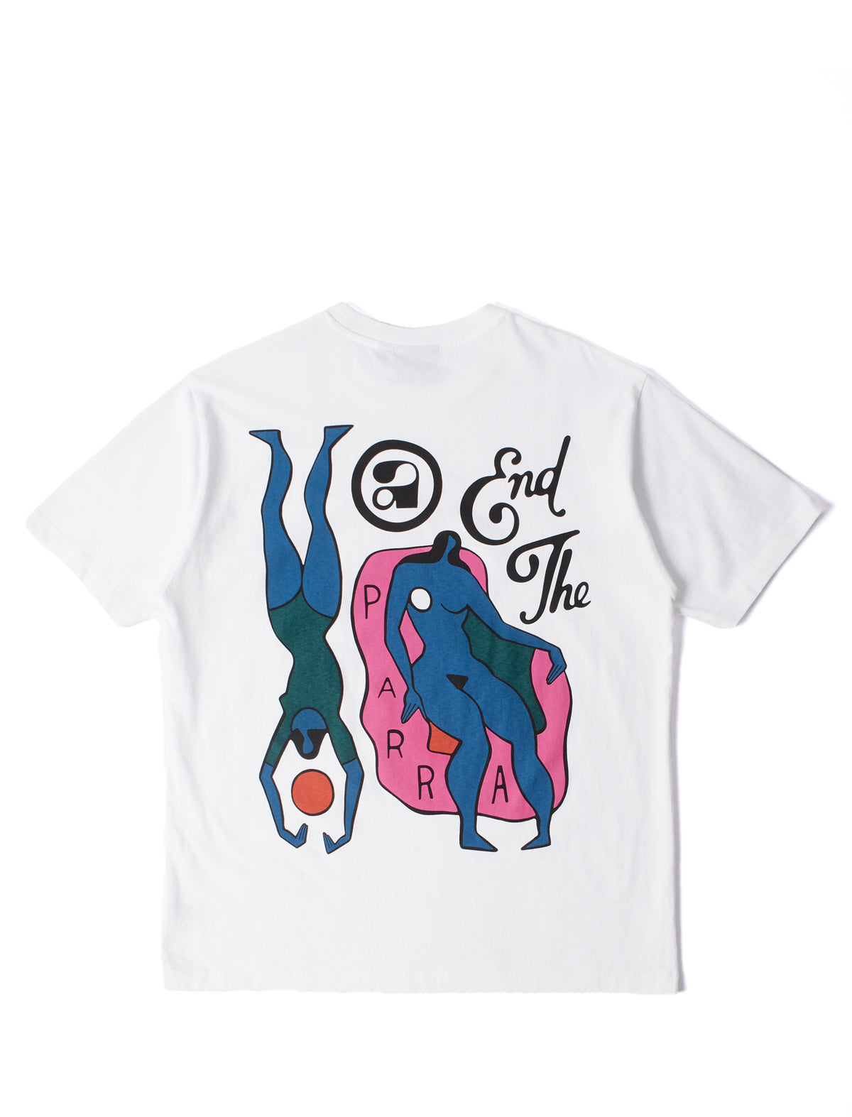 By Parra White t-shirt with graphic design of two acrobats and text on a white background