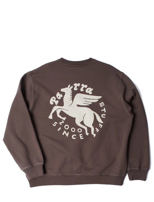 By Parra Brown sweatshirt with a white logo on the back on a white background