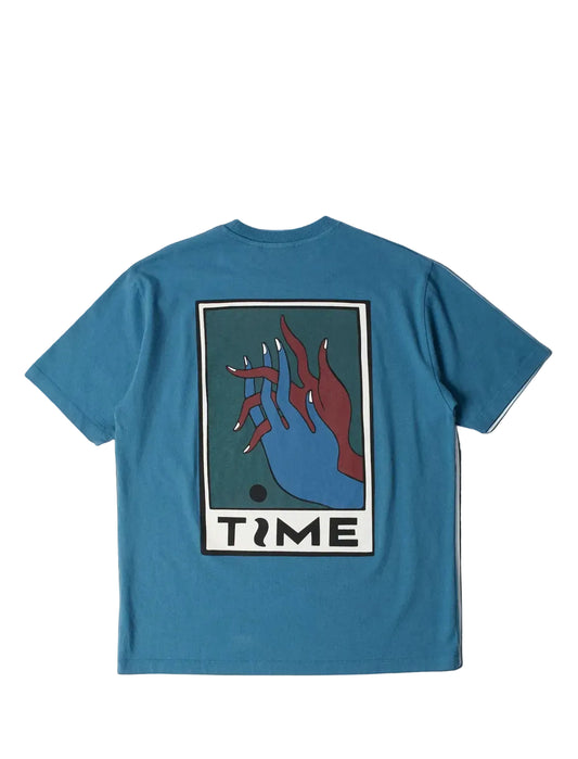 By Parra Blue t-shirt with a graphic design on the back featuring a hand and the word 'TIME'.
