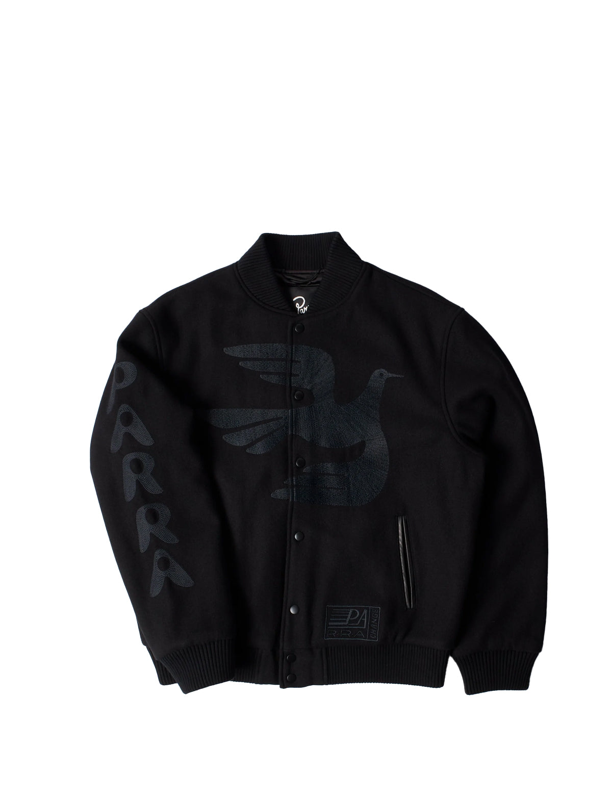 Black bomber jacket with branding on a white background