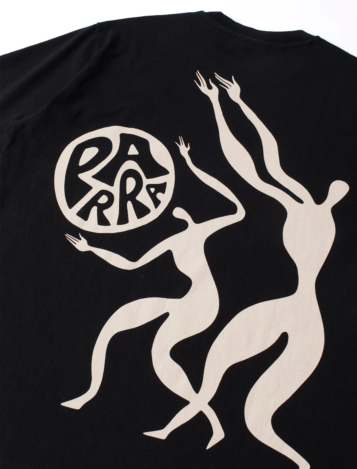 By ParraBlack t-shirt with white silhouette design of two people and a circular logo on a plain background