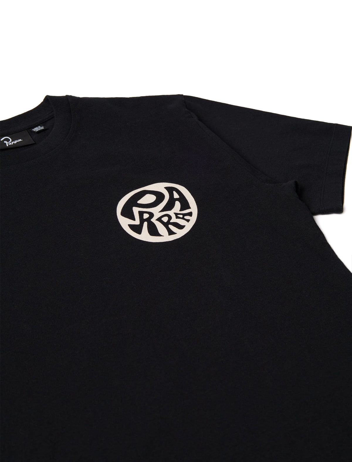 By Parra Black t-shirt with a white logo on a white background