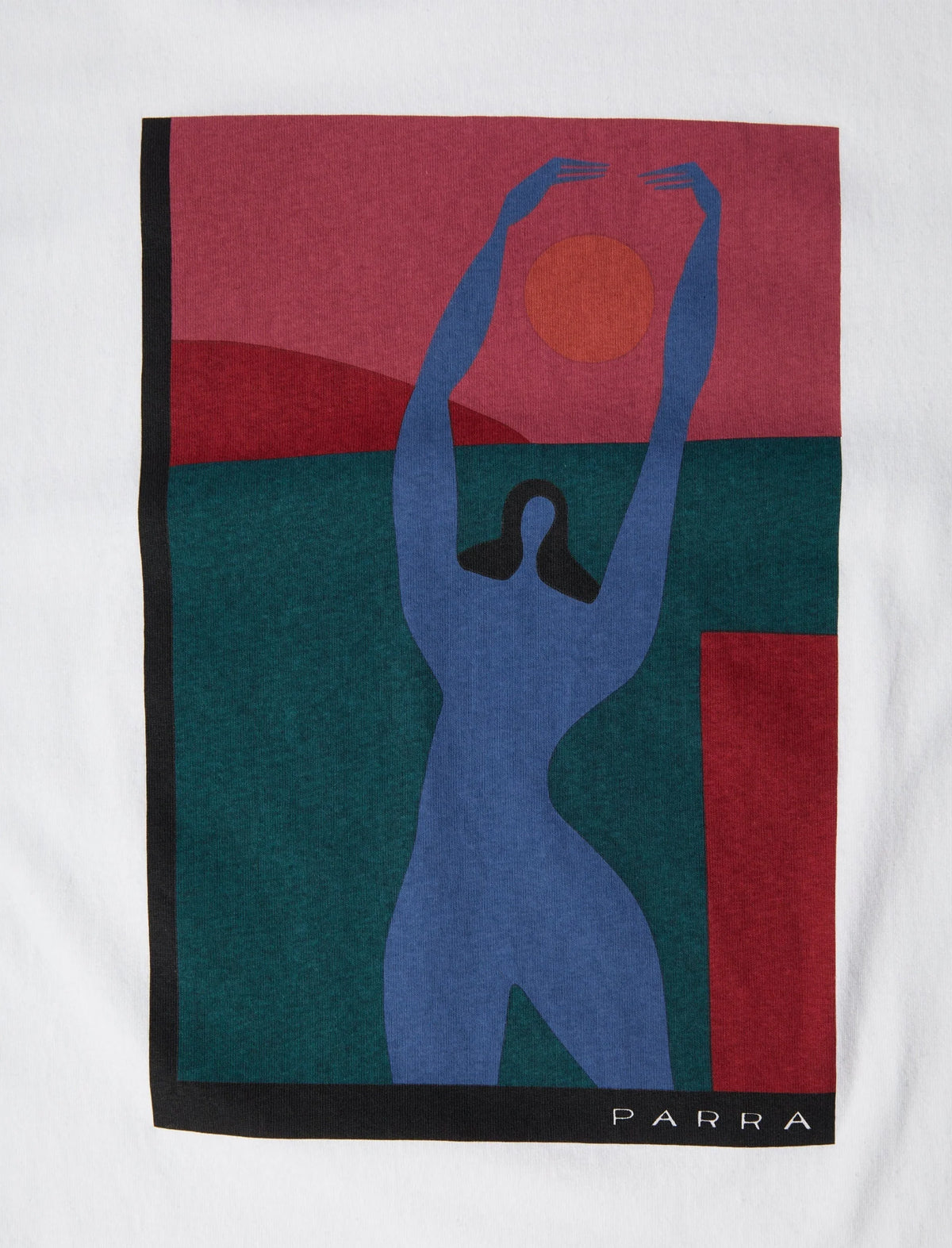 by parra T-shirt with a graphic design of a blue silhouette holding a red circle against a multicolored background, featuring the brand 'Parra'.