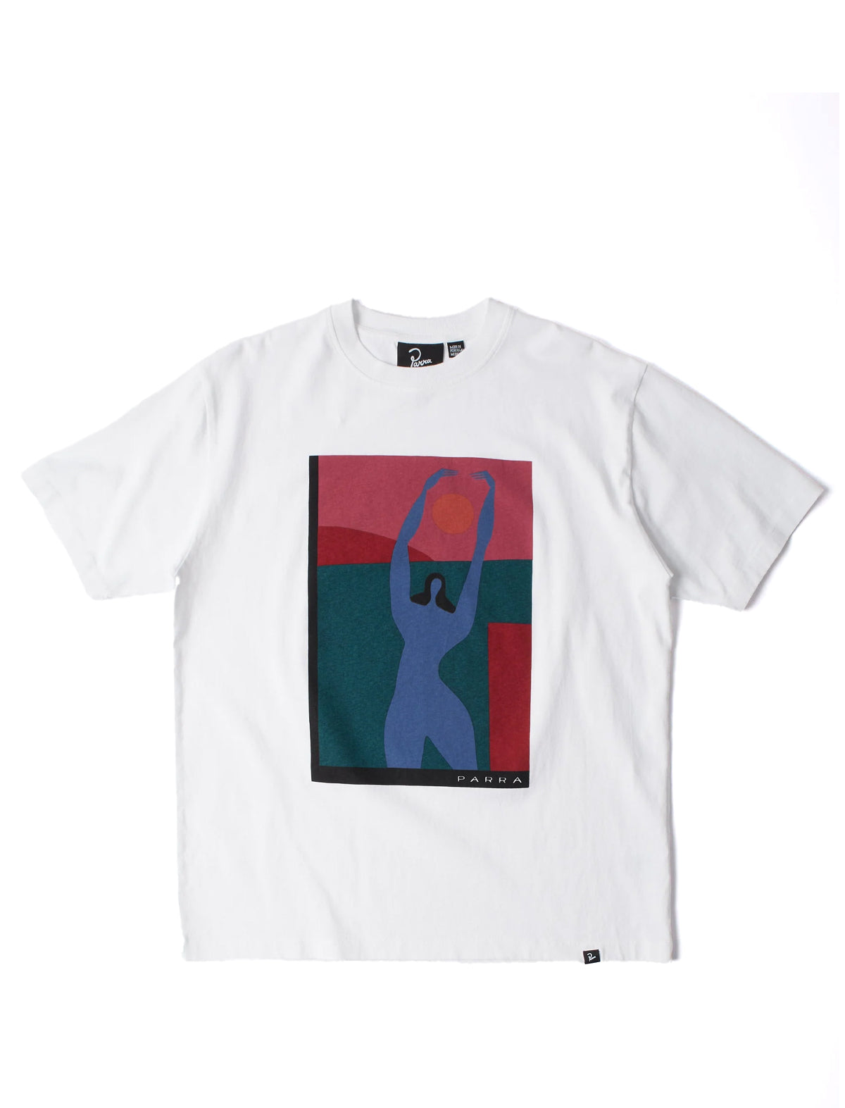 by parra White t-shirt with a colorful graphic of a person on a white background