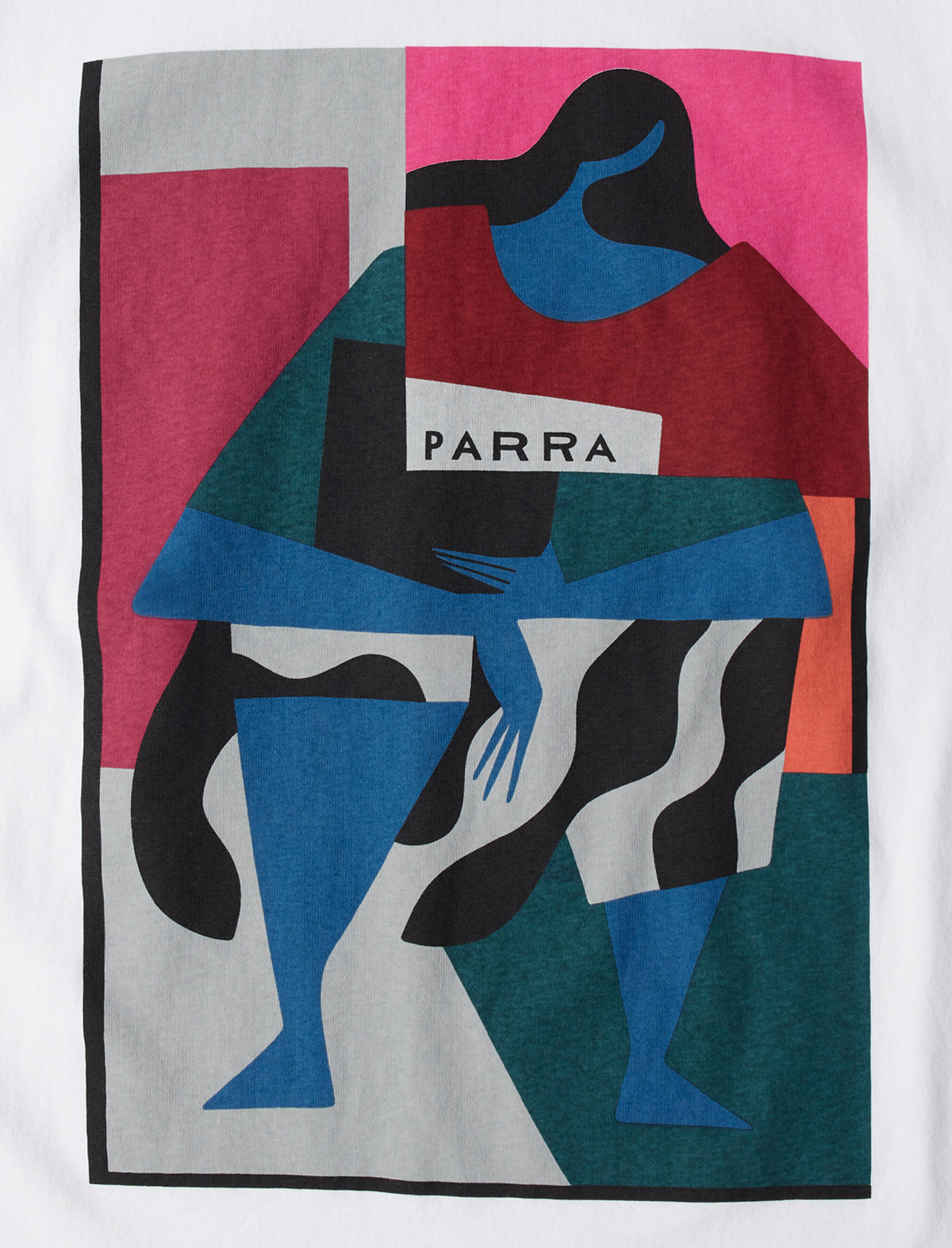 Abstract artwork with a person and geometric shapes, featuring the brand 'PARRA'.