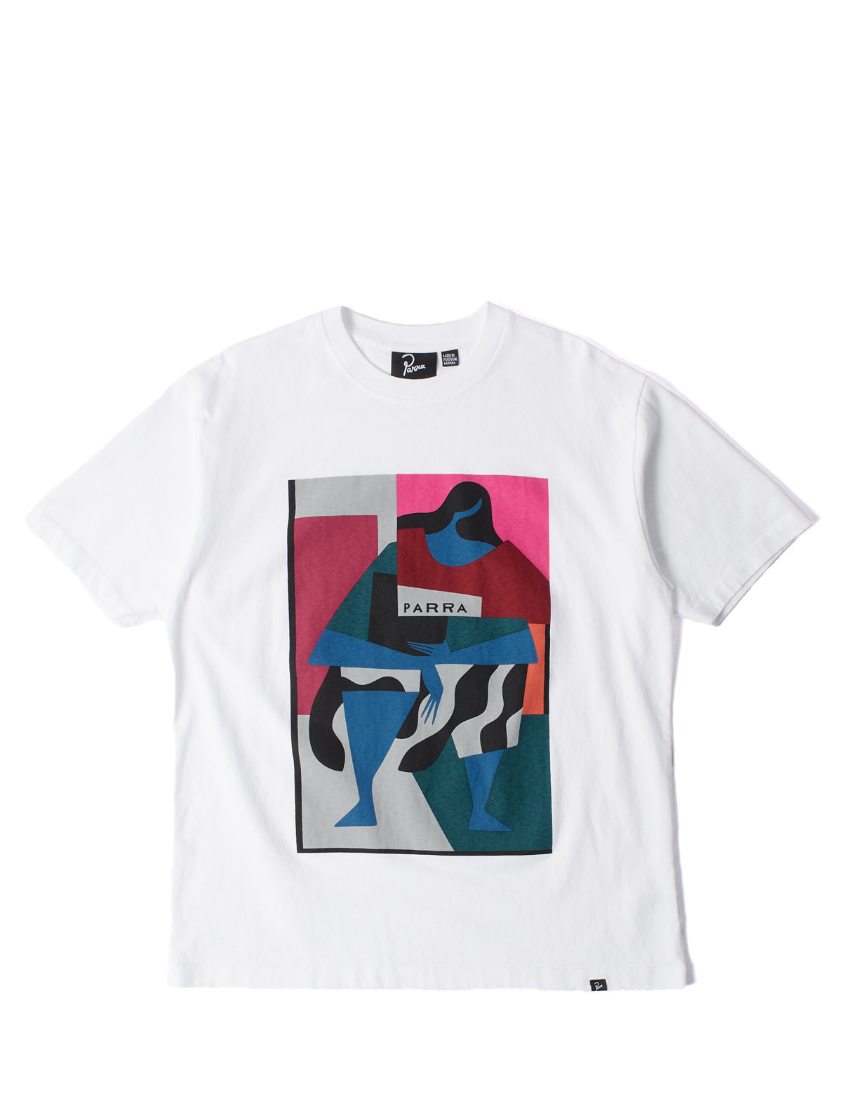 By Parra White t-shirt with a colorful graphic design on a white background