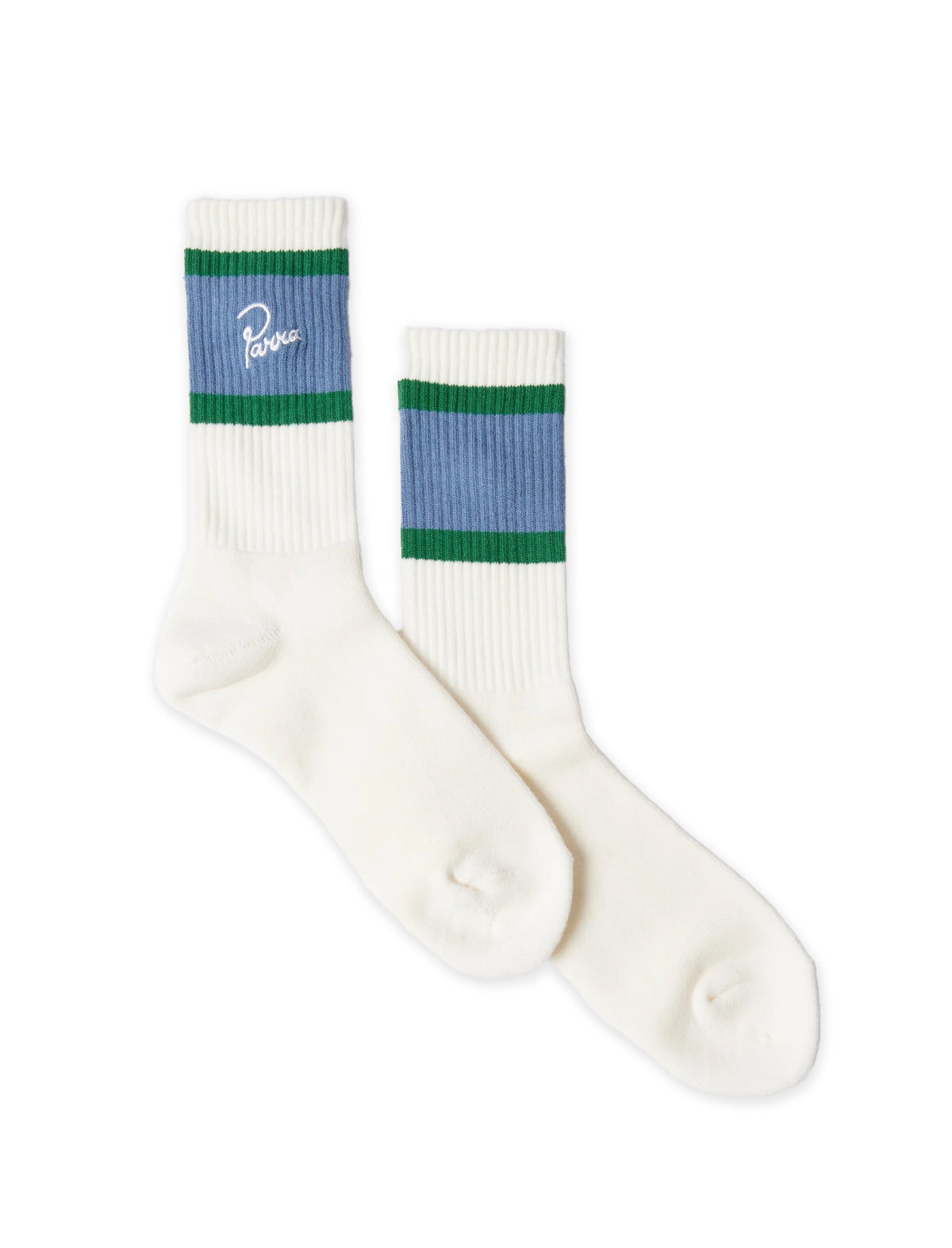 Pair of By Parra socks with blue and green striped pattern on a white background