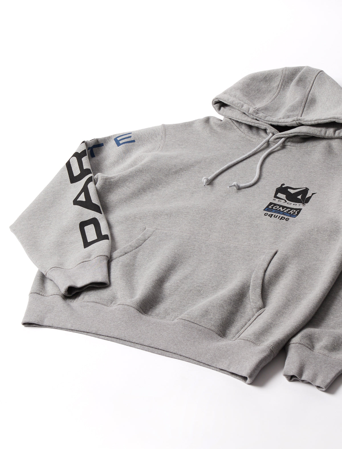 By Parra Gray hoodie with brand logos on a white background