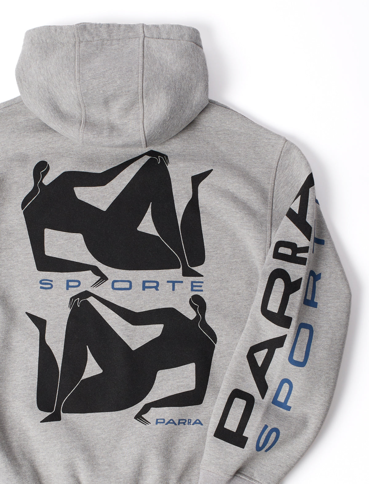 By Parra Gray hoodie with black artistic designs and 'PARRA' branding on a white background